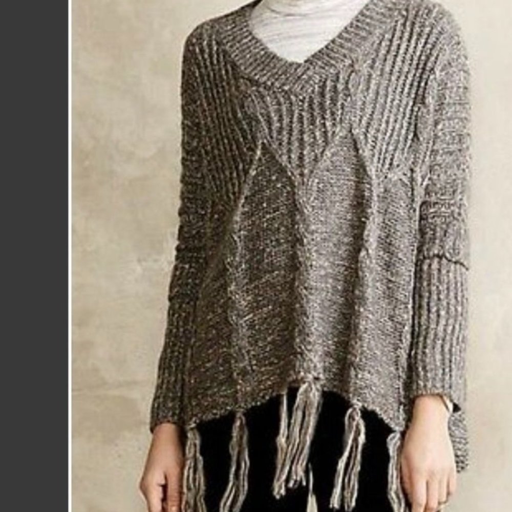 Anthropologie Love Token Heathered Cable Fringe Poncho Sweater